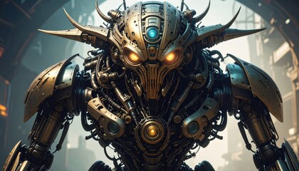 A striking robotic figure with metallic features, glowing eyes, and intricate detailing, set against a futuristic backdrop.