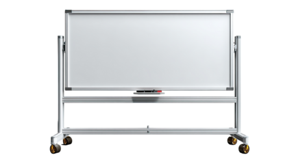 Clean Canvas of Ideas: A pristine whiteboard, mounted on a mobile stand, poised to capture innovation and collaboration, ready for new concepts and insights.