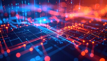 A vibrant digital network visualization displaying interconnected lines and glowing nodes, representing technology and data flow.