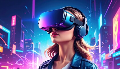 A woman wears a VR headset, immersed in a vibrant digital cityscape filled with neon lights and futuristic elements.