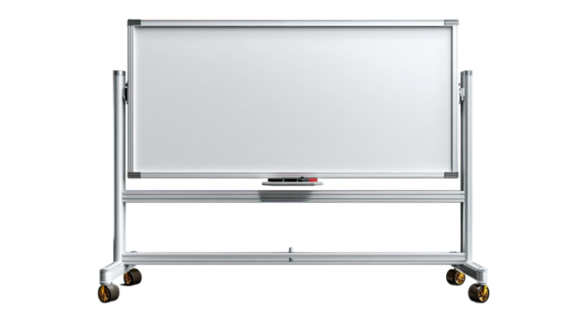 Clean Canvas of Ideas: A pristine whiteboard, mounted on a mobile stand, poised to capture innovation and collaboration, ready for new concepts and insights.