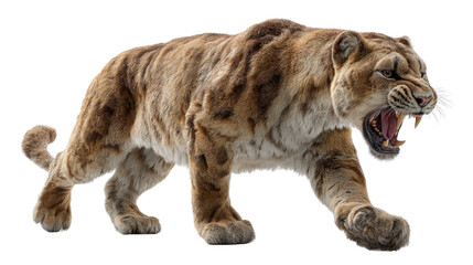 Saber-toothed tiger in motion: A fierce saber-toothed tiger, a powerful symbol of prehistoric times, strides confidently, showcasing its formidable fangs and the untamed spirit of the ancient world. 