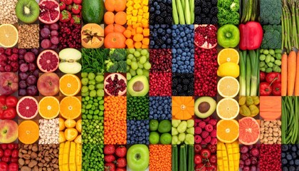 A vibrant display of assorted fruits and vegetables, showcasing a colorful array of healthy produce arranged in a visually appealing grid pattern.