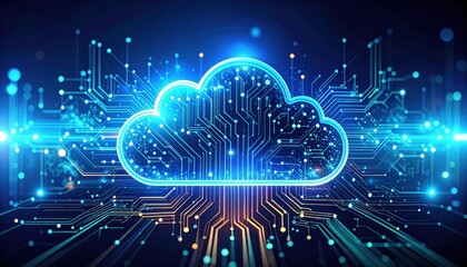 A futuristic cloud symbol surrounded by glowing circuit patterns, representing digital technology and cloud computing.