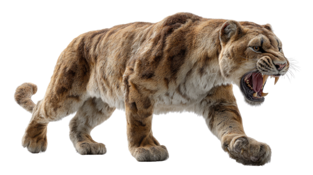 Saber-toothed tiger in motion: A fierce saber-toothed tiger, a powerful symbol of prehistoric times, strides confidently, showcasing its formidable fangs and the untamed spirit of the ancient world. 