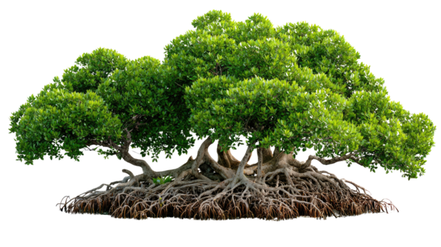 Magnificent Mangrove Tree: A lush, vibrant mangrove tree stands prominently, its interwoven roots and dense green foliage creating a breathtaking spectacle of natural resilience.