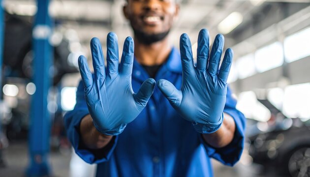 A smiling mechanic displays blue gloves, indicating readiness for work in an automotive environment.