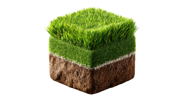 Cube of Earth and Green Grass: A conceptual representation of nature's elements, featuring a perfectly formed cube with layers of fertile earth and lush green grass.