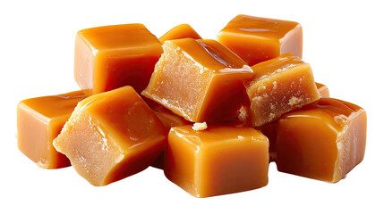 Golden Caramel Delights: A close-up shot captures the glistening perfection of a pile of golden caramel cubes, inviting viewers to savor the rich, buttery, and sweet allure of these delightful treats.