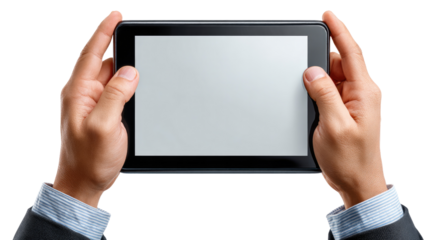 Tablet in Hand: Hands holding a sleek, modern tablet, its blank screen ready for endless possibilities, ideas. A testament to digital interaction