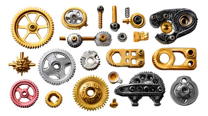 Mechanical Marvels: A captivating collection of gears, cogs, and assorted machine components is artfully arranged, revealing intricate designs and industrial precision.
