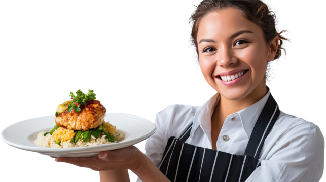 Server's Culinary Delight: A cheerful server presents a beautifully plated dish, showcasing culinary expertise and hospitality. - Powered by Adobe