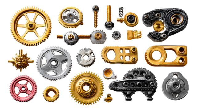 Mechanical Marvels: A captivating collection of gears, cogs, and assorted machine components is artfully arranged, revealing intricate designs and industrial precision.