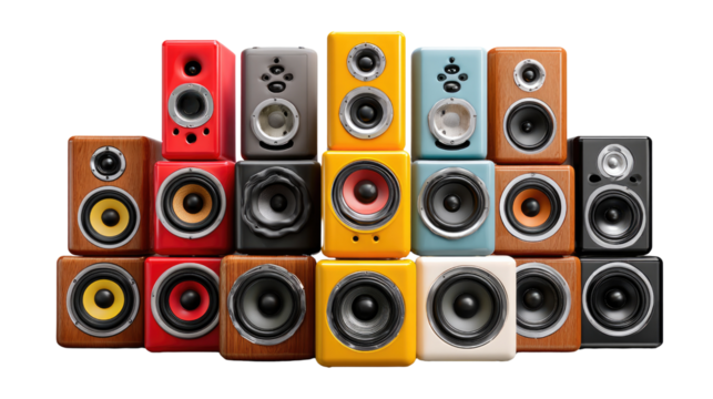 Colorful Audio Symphony: A vibrant arrangement of speakers, each in a unique hue, stand in harmonious formation, showcasing the beauty of sound and design. 