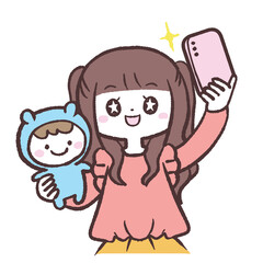 ぬい活で自撮りする女性のイラスト