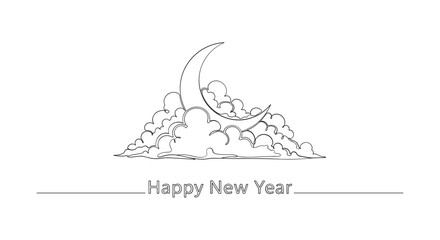 Whimsical hand drawn sketch of a crescent moon with a festive scene and happy new year text
