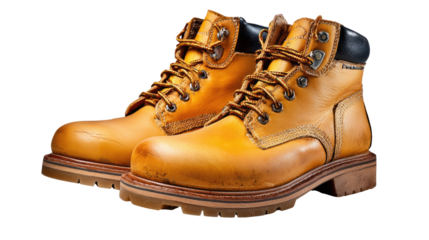 Rugged Boots Ready for Adventure: A close-up shot of durable leather boots, meticulously crafted to endure the toughest terrains and weather conditions, perfectly designed for any outdoor expedition.