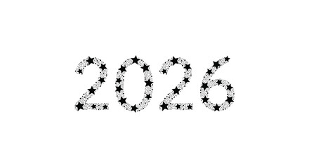 Year 2026 number composed of small black stars on a white background
