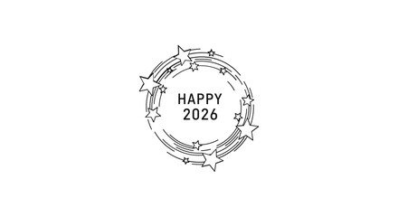 Modern futuristic circular frame with happy 2026 text and star elements