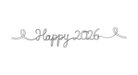 Elegant script text happy new year 2026 in a decorative line art style