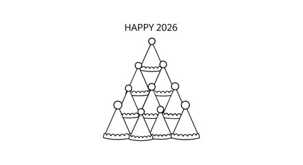 Whimsical hand drawn christmas tree made of party hats with happy new year 2026 message