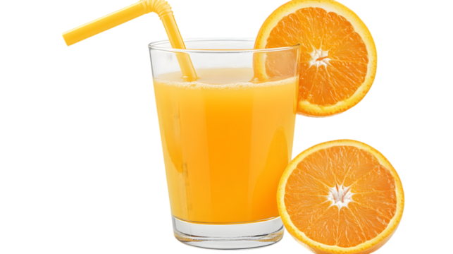 A glass of orange juice with a straw and orange slices on a black background for a refreshing drink