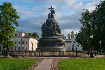 The Monument to the Millennium of Russia, erected in the Novgorod Kremlin in 1862, with the St. Sophia Cathedral in the background, Veliky Novgorod, Russia