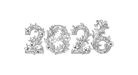 Year 2026 text art composed of intricate black and white doodle illustrations