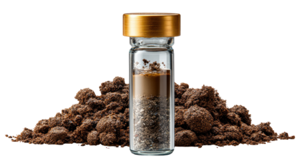 Soil Sample in Vial: A detailed shot displays a transparent glass vial, meticulously sealed with a golden cap, encapsulating a layered soil sample alongside a mound of earth.