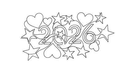 Decorative outline of the year 2026 surrounded by stars and hearts in a whimsical style