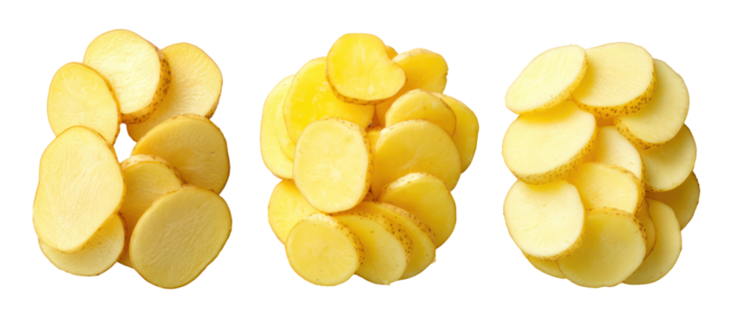 Three stacks of potato slices isolated on transparent background