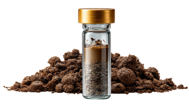 Soil Sample in Vial: A detailed shot displays a transparent glass vial, meticulously sealed with a golden cap, encapsulating a layered soil sample alongside a mound of earth.