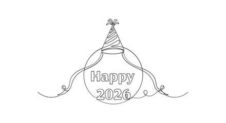 Hand drawn sketch of a champagne bottle with party hat and ribbons celebrating happy 2026