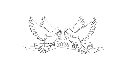 Two doves with outstretched wings holding a banner with the year 2026
