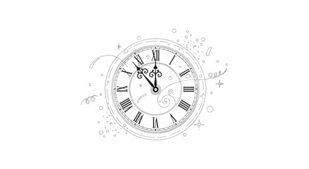 Vintage roman numeral clock face with abstract swirling lines and dots on white background