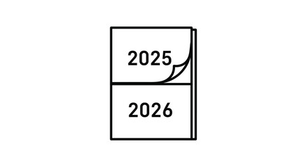 Calendar pages showing the transition from year 2025 to 2026 with a turning page