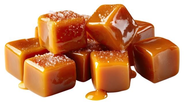Sweet Treats: A delectable arrangement of glistening, golden caramels, sprinkled with a touch of sea salt, inviting a taste of pure indulgence and delight.