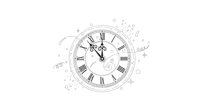 Vintage roman numeral clock face with abstract swirling lines and dots on white background