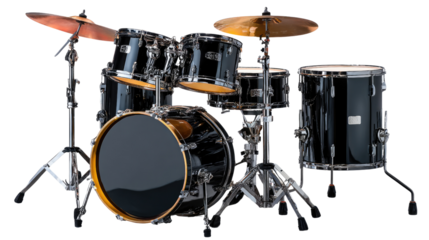 Drum Set for Rhythmic Expression: A modern drum kit, sleek and ready for performance, featuring gleaming cymbals and a collection of drums, a symbol of musical creativity and rhythm.