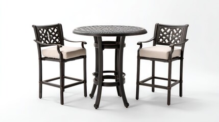 Obraz premium A round, metal outdoor dining table with a lattice top and two matching bar stools with beige cushions, placed on a white background with a white wall in the background.