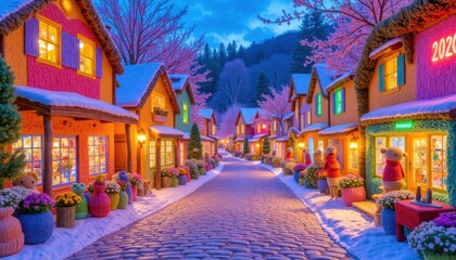 Whimsical village street with colorful houses and teddy bears for 2026 image photo