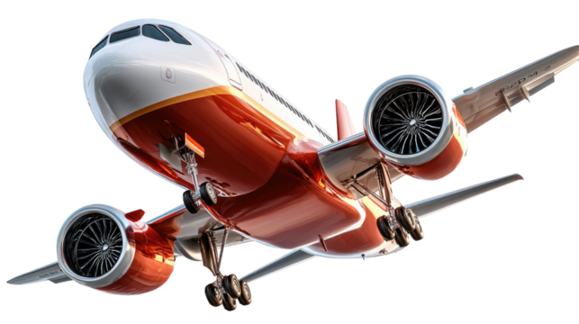 Soaring Aircraft: An airplane is captured mid-flight, its powerful engines ready for travel. The sleek design and the clear background create a sense of speed, motion, and boundless exploration.