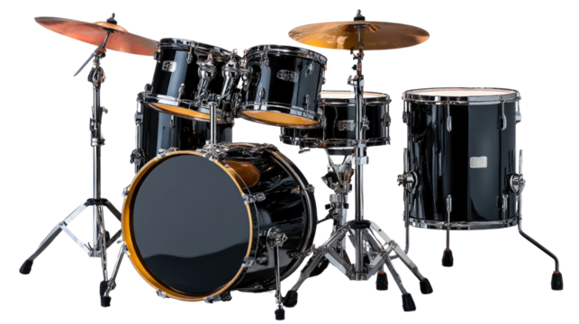 Drum Set for Rhythmic Expression: A modern drum kit, sleek and ready for performance, featuring gleaming cymbals and a collection of drums, a symbol of musical creativity and rhythm.