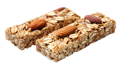 Two granola bars with almonds on top stacked on each other on a black background close up shot