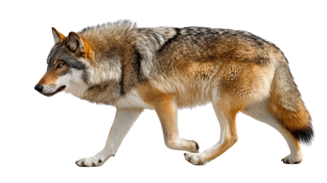 Majestic wolf in profile: A portrait of a lone wolf in its natural habitat. The wolf is captured mid-stride, showcasing its powerful build and keen, focused gaze, representing wilderness.