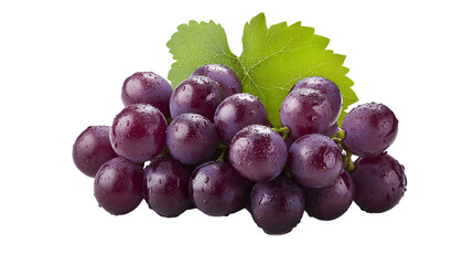 A close up of a bunch of fresh purple grapes with green leaves on a black background isolated shot
