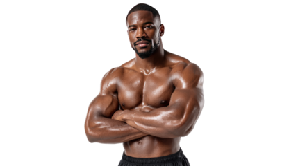 Strength and Confidence Embodied: A powerfully built athlete, radiating intensity with crossed arms, showcases remarkable physical conditioning and a commanding gaze.