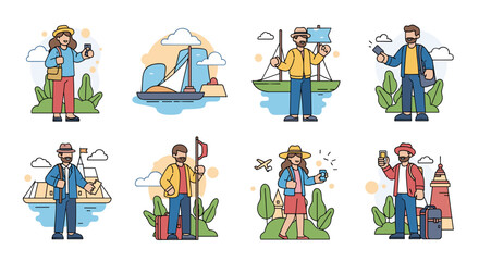 Fototapeta premium Collection of illustrations depicting people traveling with various backgrounds and items