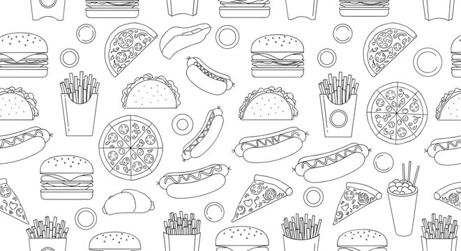 Seamless pattern of outlined fast food items including burgers pizza tacos and fries