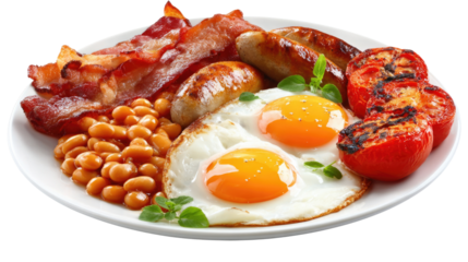 Hearty Breakfast Platter: A tempting close-up of a classic breakfast, featuring crispy bacon, sizzling sausage, sunny-side-up eggs, savory baked beans, and juicy grilled tomatoes.